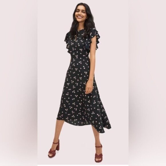 NWT/NWOT Kate Spade Ditsy Begonia Flutter Sleeve Dress Black Floral Printed - Picture 1 of 5